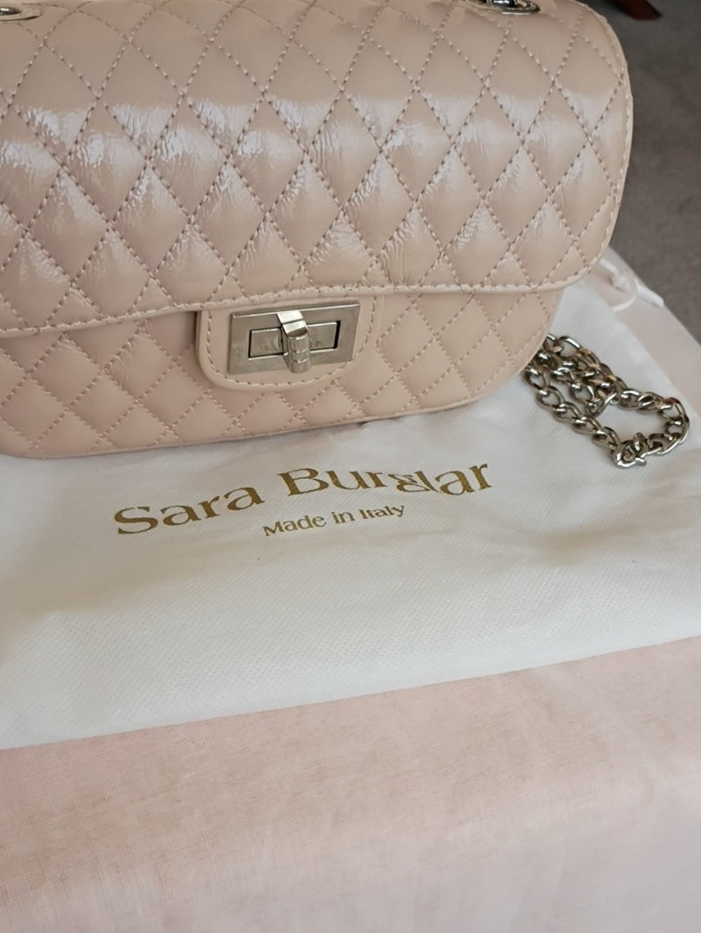 Quilted Patent Leather Shoulder Bag in Beige Chanel Style